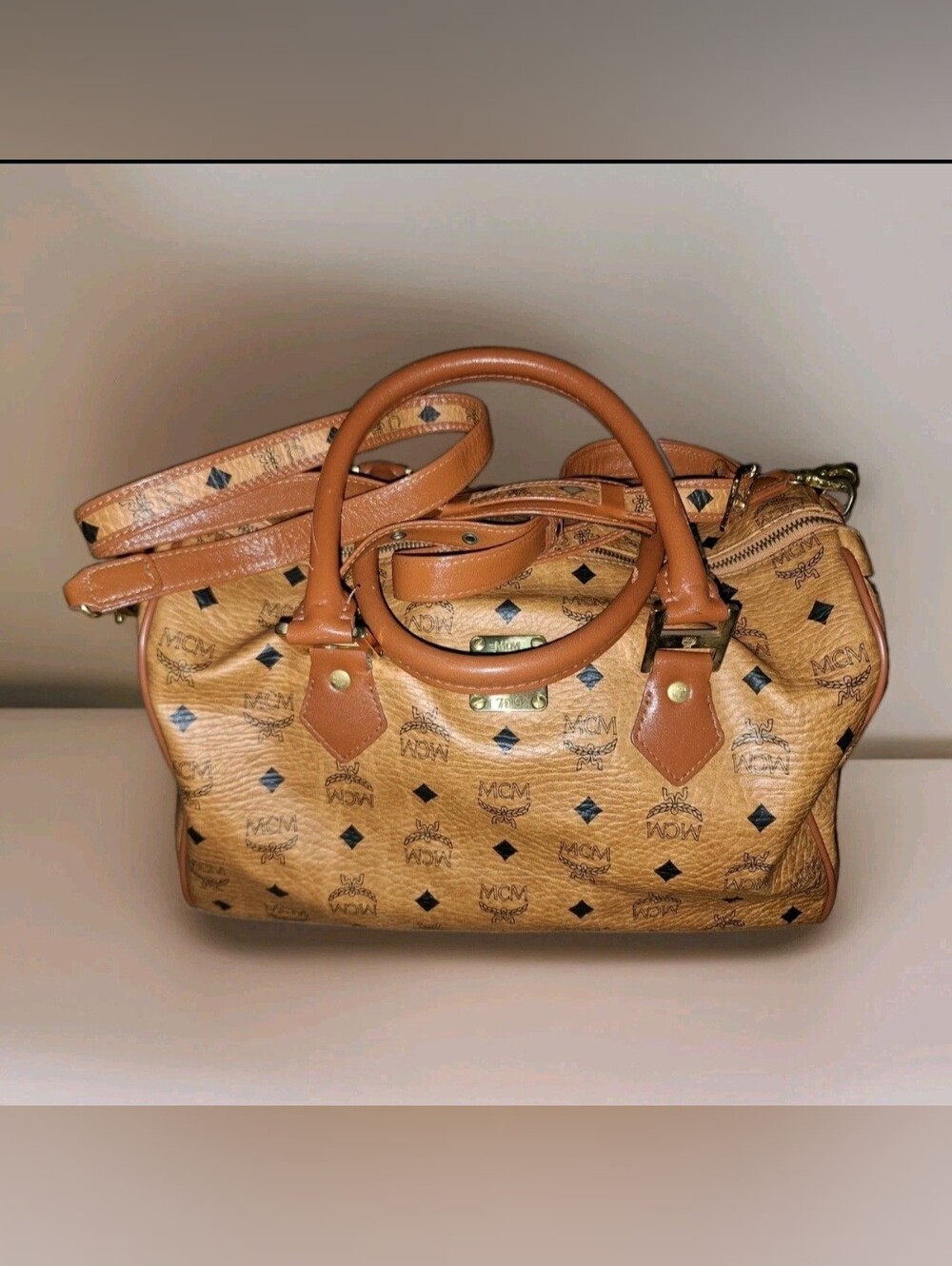 MCM Cognac Visetos Boston Satchel with Brown Accents